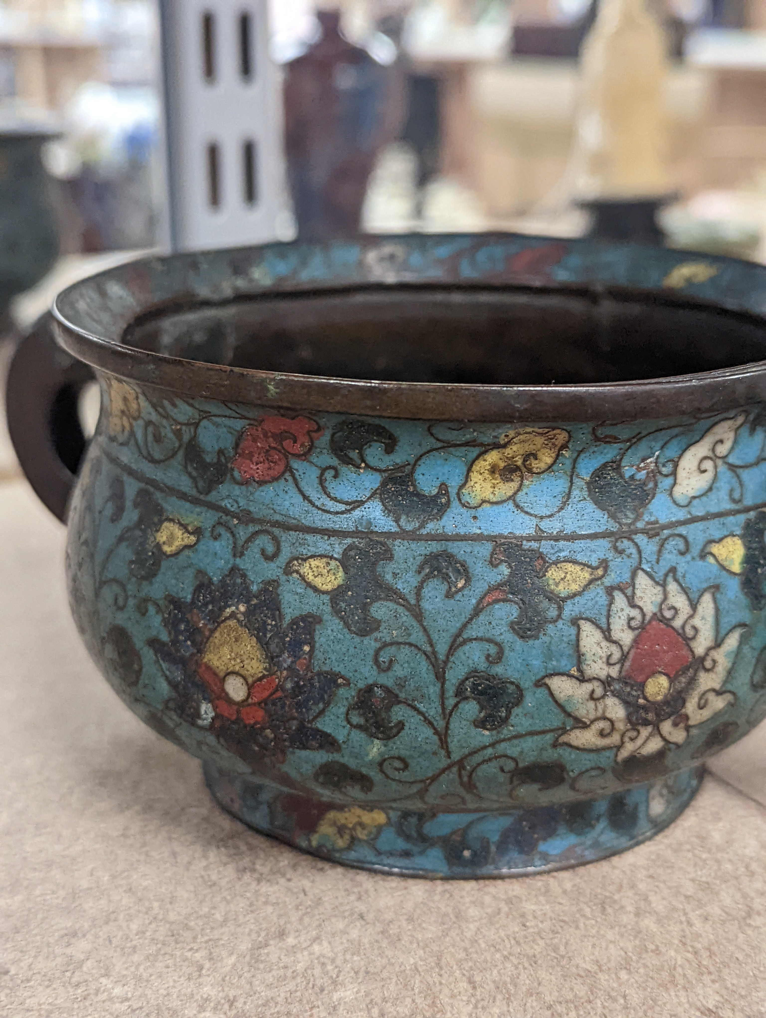 A Chinese late Ming dynasty bronze and cloisonné enamel ding censer 18cm